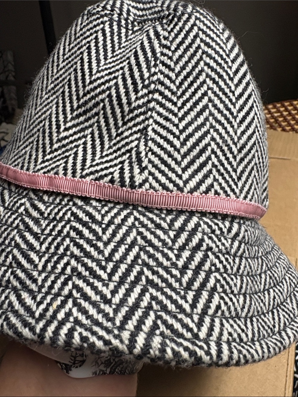 J. Crew Black & White Herringbone Bucket Hat with Pink Ribbon - Picture 8 of 16